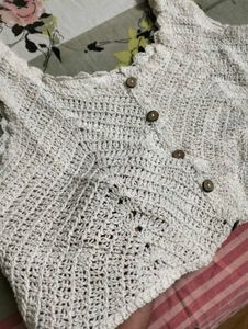 ⚡White Crochet Button-Up Crop Top