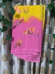 Floral Print Saree - Pink & Yellow