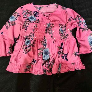 Pink Floral Bell Sleeve Peplum Top