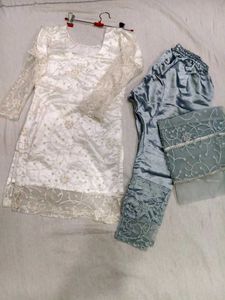 Elegant White Kurta Set with Blue Pants