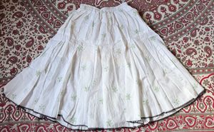 White Skirt with Green Floral Embroidery