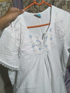 White Nightgown with Blue Floral Embroidery