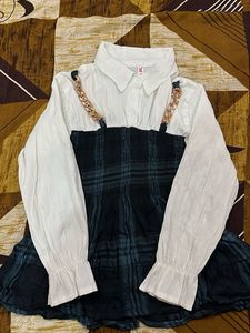 Stylish Plaid Pinafore Dress with White Blouse