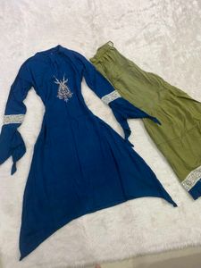 Blue Asymmetric Kurti &amp; Olive Green Sharara