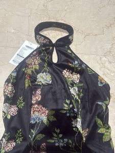 Embroidered Black Halter Neck Top