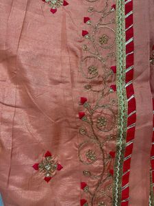 Peach & Red Embroidered Fabric Saree