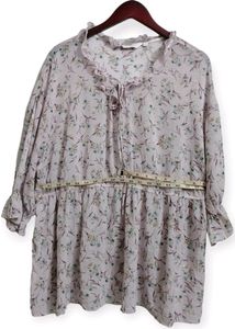 Floral Ruffle Trim Tie Neck Top