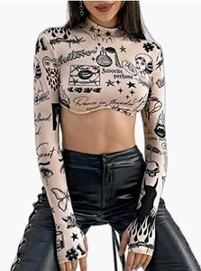 Graphic Print Long Sleeve Crop Top