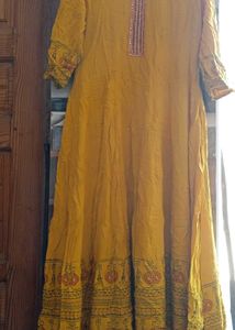 Sun Yellow Cotton Anarkali Frock with Intricate Ge