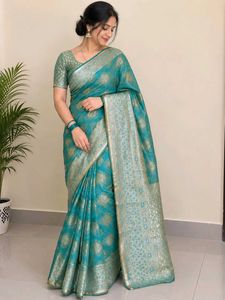 Elegant Teal Saree with Gold Brocade
