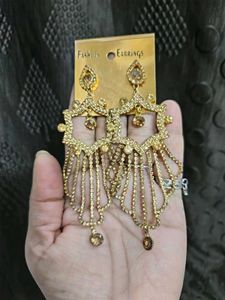 Gold Plated Stone Studded Long Dangler Earrings