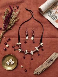 Handcrafted Maroon Carved Bead & Cowrie Shell Fusi