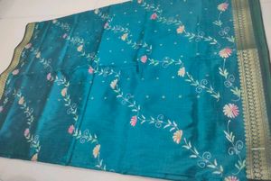 Teal Floral Silk Saree