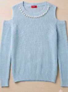 Light Blue Cut-Out Sweater with Pearls
