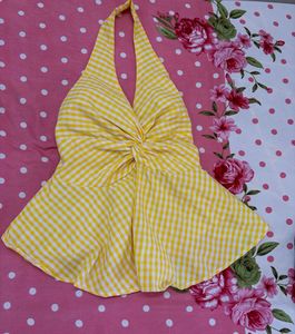 Yellow Gingham Tie-Front Peplum Top
