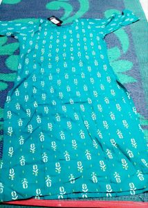 Teal Kurta with Print &amp; Mirror Work