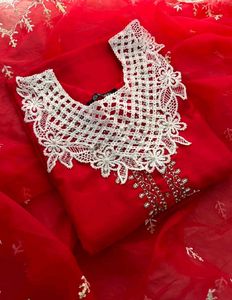Elegant Red Kurta Set with Intricate White Necklin
