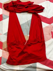 Red Halter Neck Crop Top with Scarf Detail