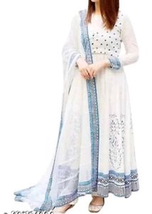 White Printed Anarkali Kurta with dupatta