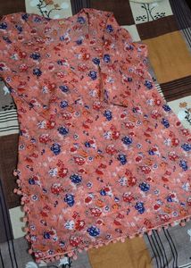 Peach Floral Print Kurta with Pom-Pom Trim