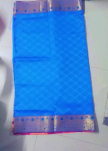 Vibrant Blue Silk Saree with Gold Border