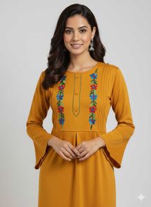 Elegant Woolen Mustard Embroidered Kurti