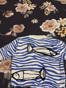 Unique Fish Print Striped Sweater