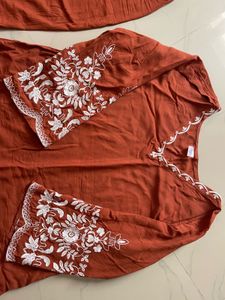 Orange Kurta Set with White Embroidery