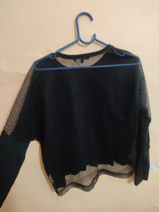 Sheer Mesh Detail Black Long Sleeve Top