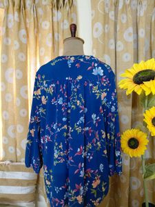 Blue Floral Print V-Neck Top