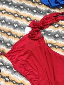 Elegant Red Evening Gown with Rose Detail