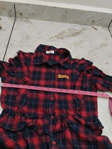 Red Plaid Button-Up Shirt with "Rainbow" Detail