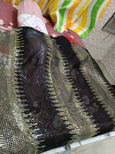 Stunning Black &amp; Gold Sequin Saree for Wedding Wea