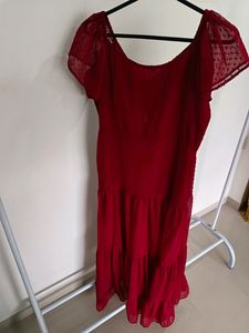 Elegant Red Swiss Dot Midi Dress