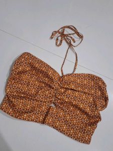 Ruched Print Halter Neck Crop Top