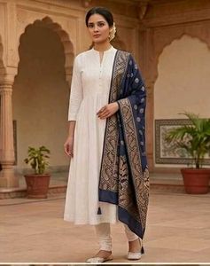 Elegant Blue Brocade Dupatta with Tassels