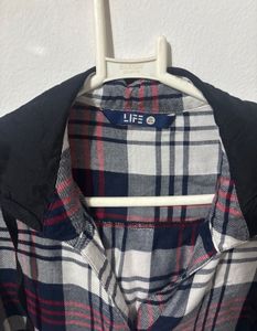 Plaid Button-Up Top with Hoodie