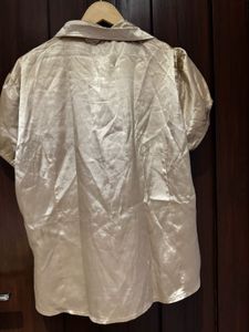 Shimmer Short Sleeve Button-Up Top