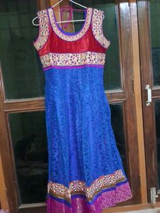 Blue anarkali Kurta with Red Velvet Yoke.