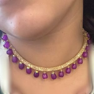Gold Tone Necklace with Purple Beads