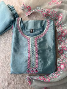 Elegant Blue Kurta Set with Pink Embroidery