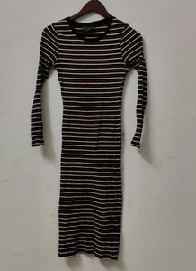 Striped Ribbed Long Sleeve Midi Dress