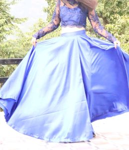 Blue Satin Skirt With Embroidered Blouse