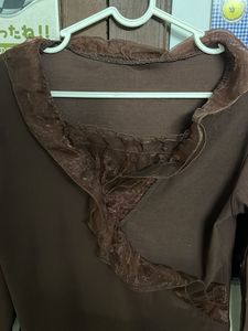 Brown Ruffle Trim Long Sleeve Top