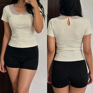 Cream Lace Collar Ribbed Top
