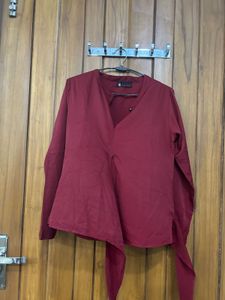 Maroon Tie-Front Satin Top