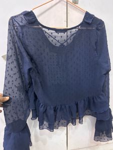 Navy Blue Ruffle Sheer Blouse