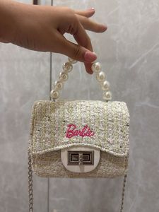 Chic Barbie Pearl Handle Tweed Clutch Bag