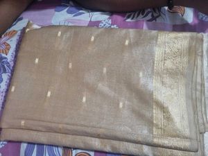 Elegant Golden-Beige Silk Blend Saree with Zari Bo