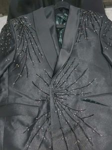 Embroidered Black Shawl Collar Blazer